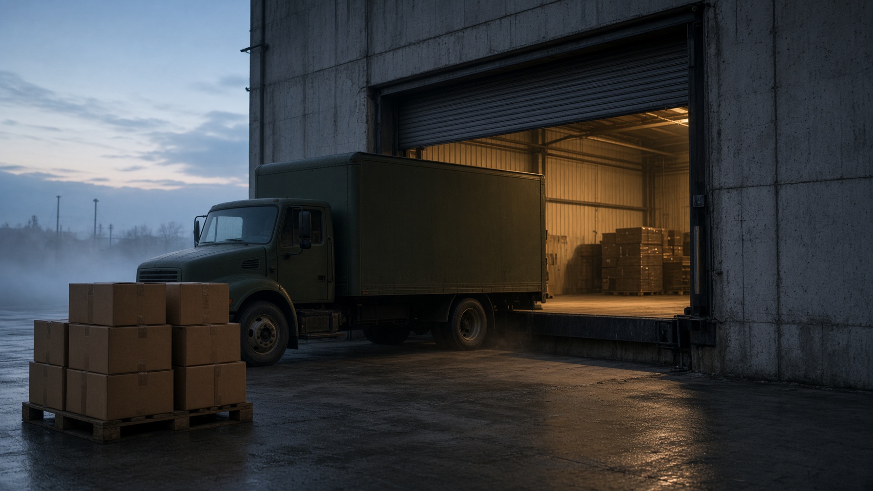 Olive freight truck at a loading dock at dawn