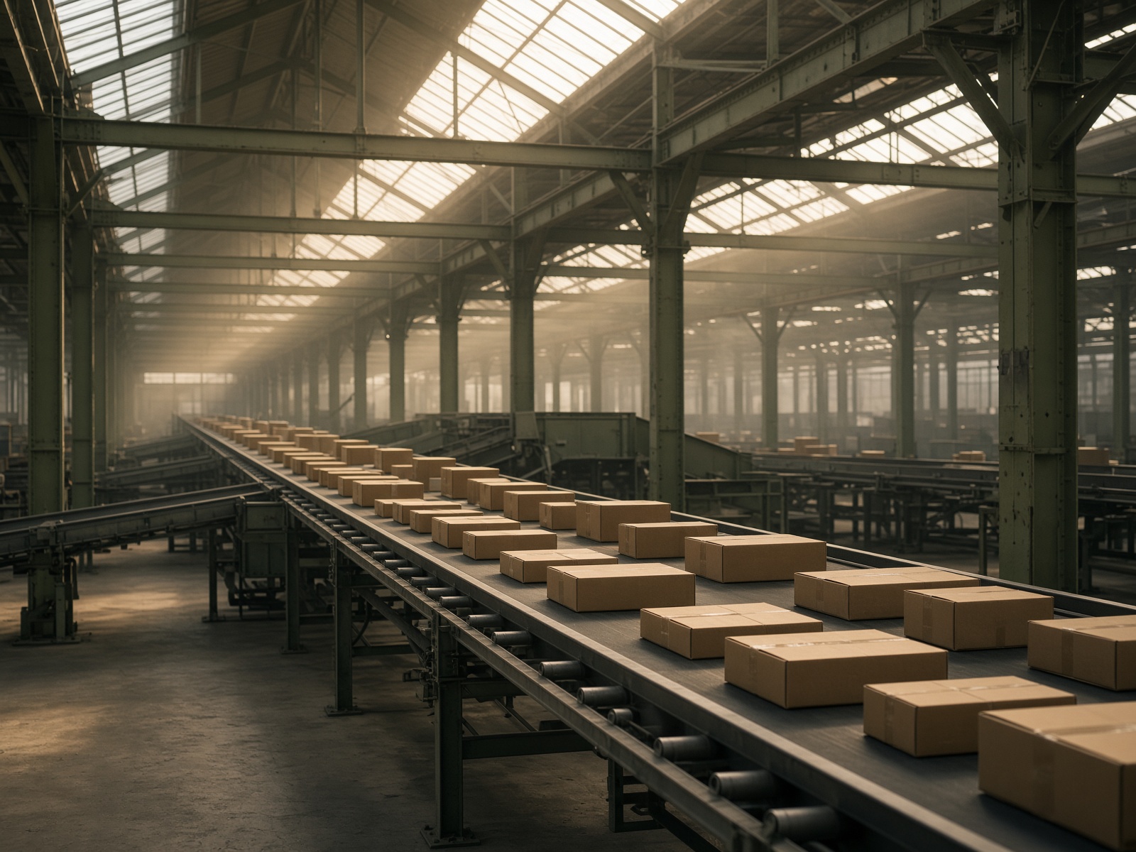 Quiet parcel sorting hall with conveyor belts and skylights